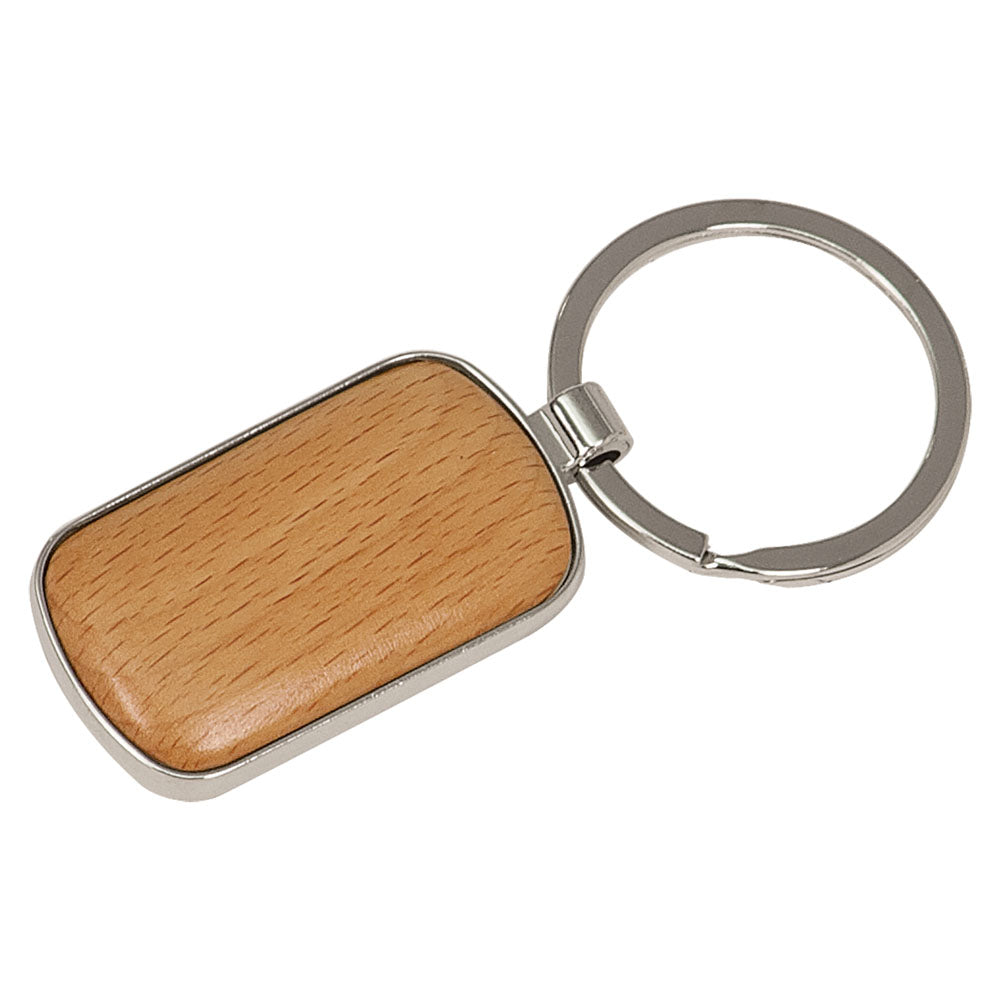 Personalized Laser Engraved 1" x 1 3/4" Silver/Wood  Rounded Corner Rectangle Keychain