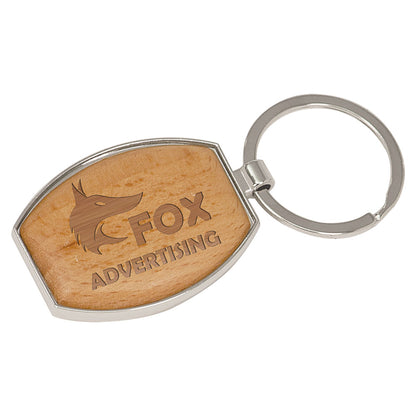 Personalized Laser Engraved 1 1/2" x 1 15/16" Silver/Wood  Oval Keychain