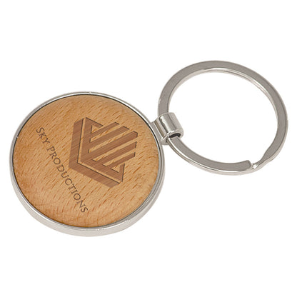 Personalized Laser Engraved 1 5/8" Silver/Wood  Round Keychain