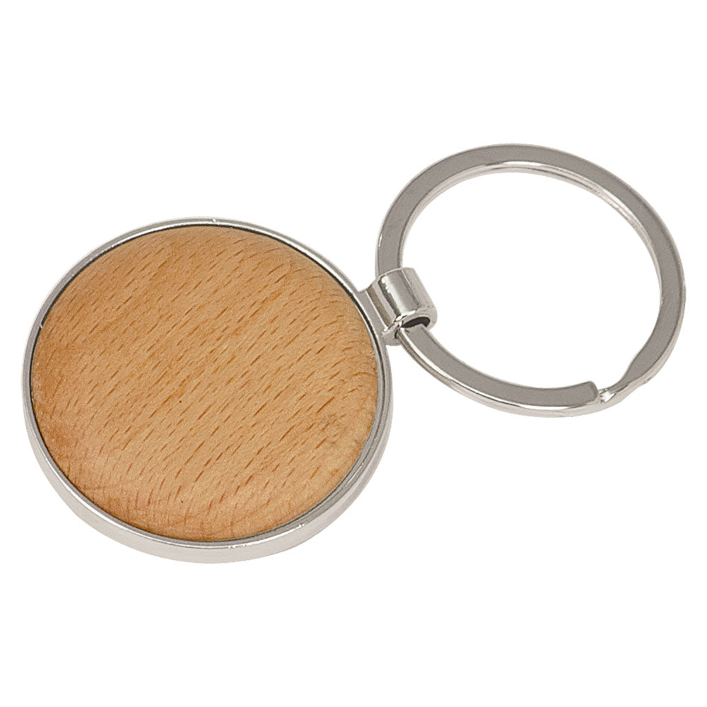 Personalized Laser Engraved 1 5/8" Silver/Wood  Round Keychain