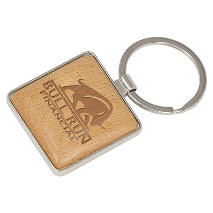 Personalized Laser Engraved 1 9/16" x 1 9/16" Silver/Wood  Square Keychain