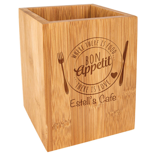 Personalized Laser Engraved 4 1/4" x 6" Bamboo Utensil Holder