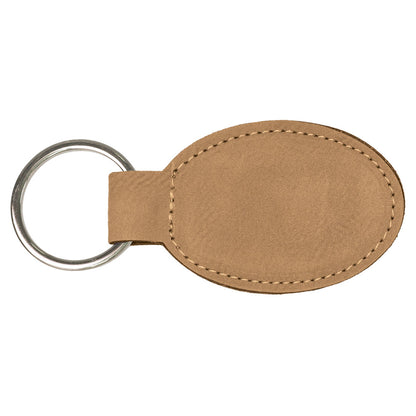 Personalized Laser Engraved 3" x 1 3/4" Light Brown  Leatherette Oval Keychain