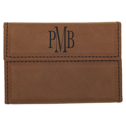 Personalized Laser Engraved 3 3/4" x 2 3/4" Dark Brown  Leatherette Hard Business Card Holder