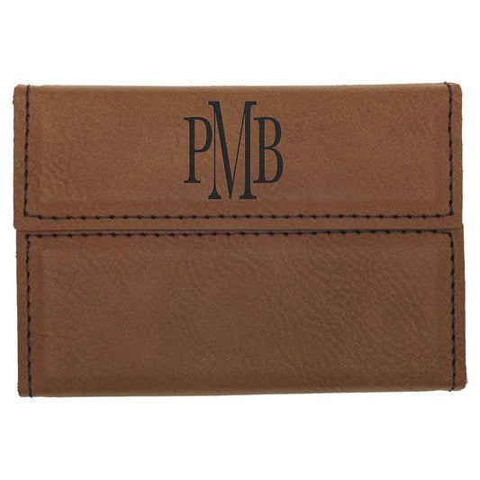 Personalized Laser Engraved 3 3/4" x 2 3/4" Dark Brown  Leatherette Hard Business Card Holder