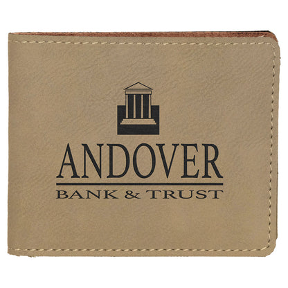 Personalized Laser Engraved 4 1/2" x 3 1/2" Light Brown  Leatherette Bifold Wallet