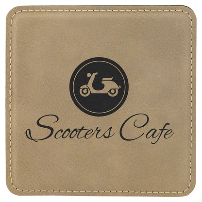 Personalized Laser Engraved 4" x 4" Square Light Brown  Leatherette Coaster