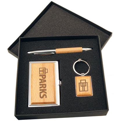 Personalized Laser Engraved Silver/Wood Finish Gift Set with Business Card Case, Pen & Keychain