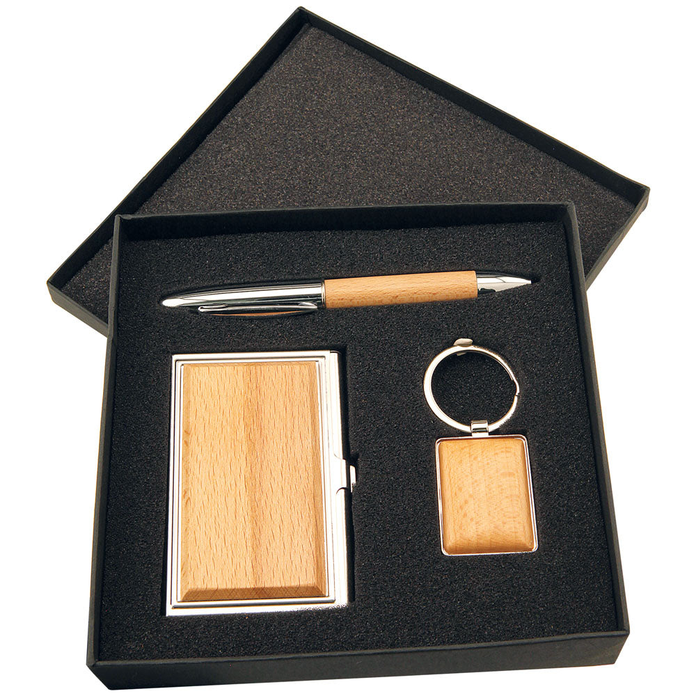 Personalized Laser Engraved Silver/Wood Finish Gift Set with Business Card Case, Pen & Keychain