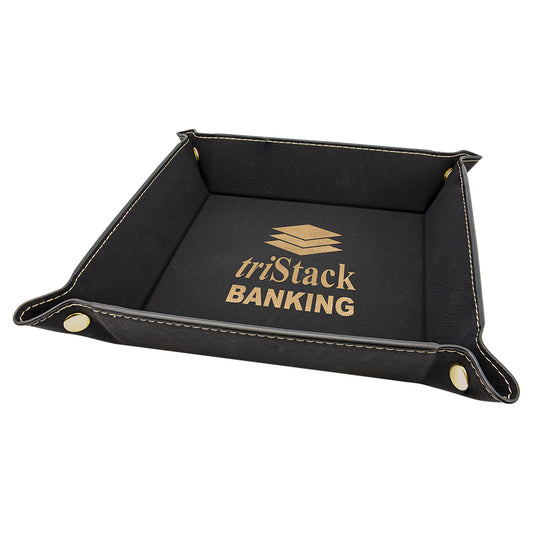  Personalized Laser Engraved 6" x 6" Black/Gold Leatherette Snap Up Tray with Gold Snaps