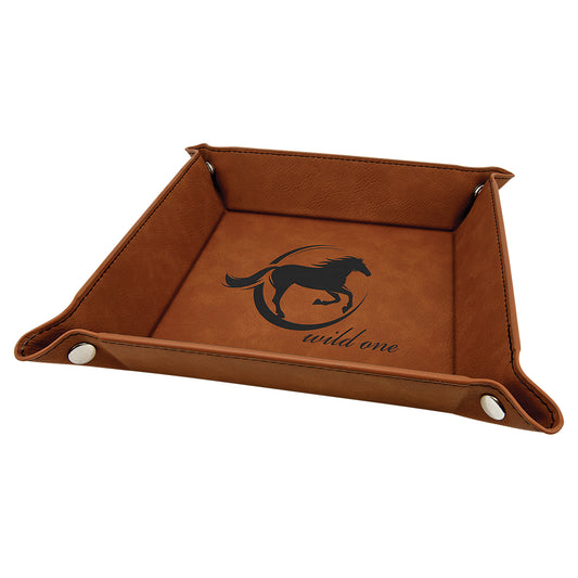  Personalized Laser Engraved 6" x 6" Rawhide Leatherette Snap Up Tray with Silver Snaps