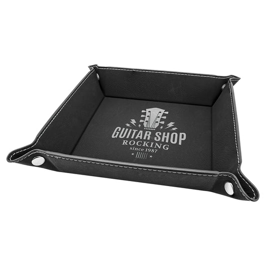  Personalized Laser Engraved 6" x 6" Black/Silver Leatherette Snap Up Tray with Silver Snaps