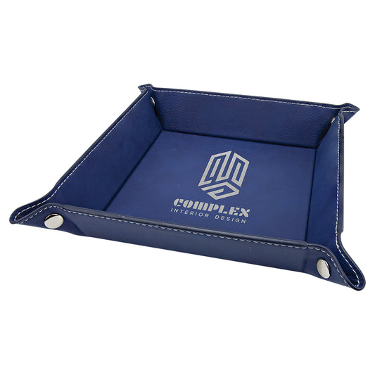  Personalized Laser Engraved 6" x 6" Blue/Silver Leatherette Snap Up Tray with Silver Snaps