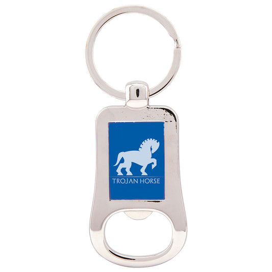 Personalized Laser Engraved 2 1/8" Silver/Blue  Bottle Opener Keychain