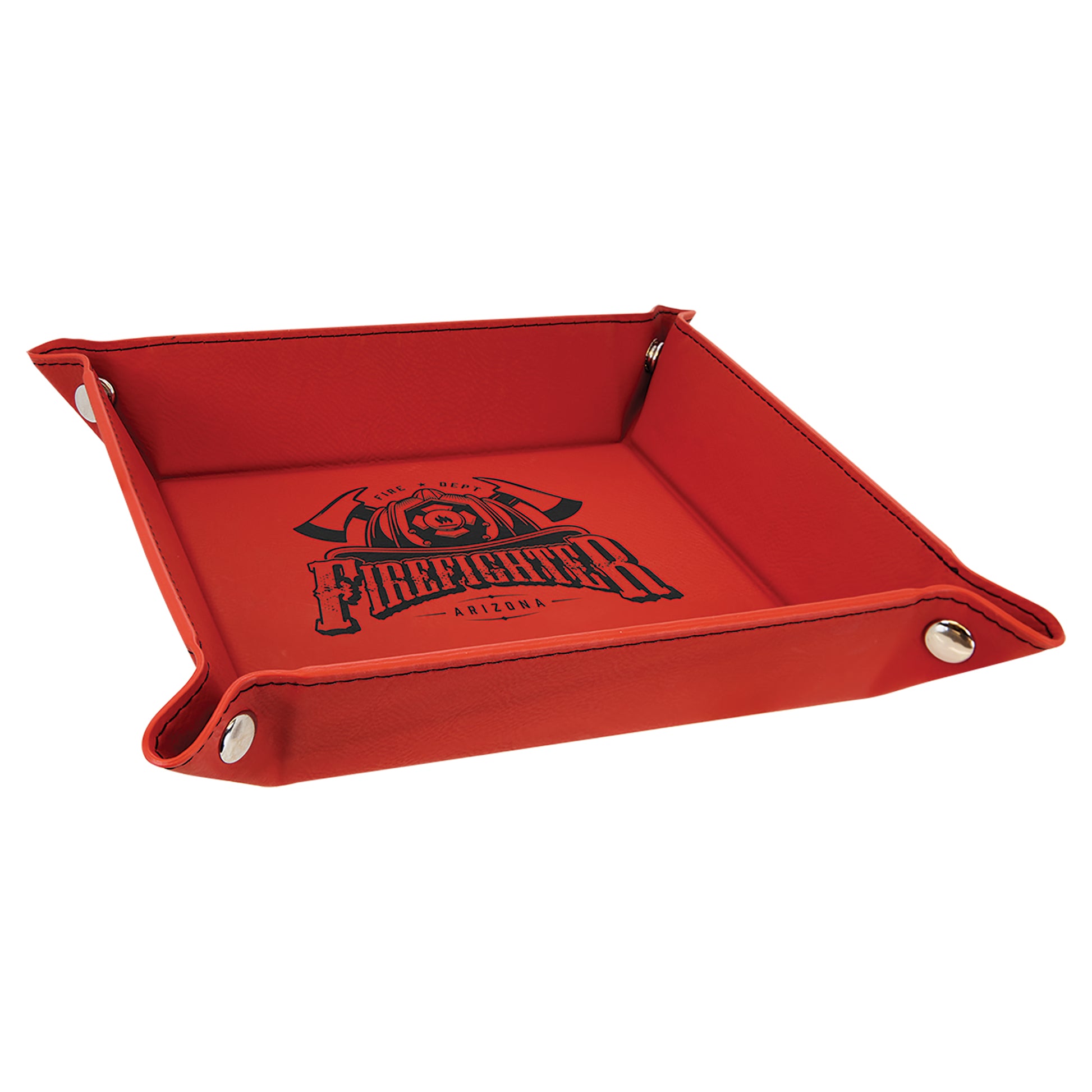  Personalized Laser Engraved 6" x 6" Red Leatherette Snap Up Tray with Silver Snaps