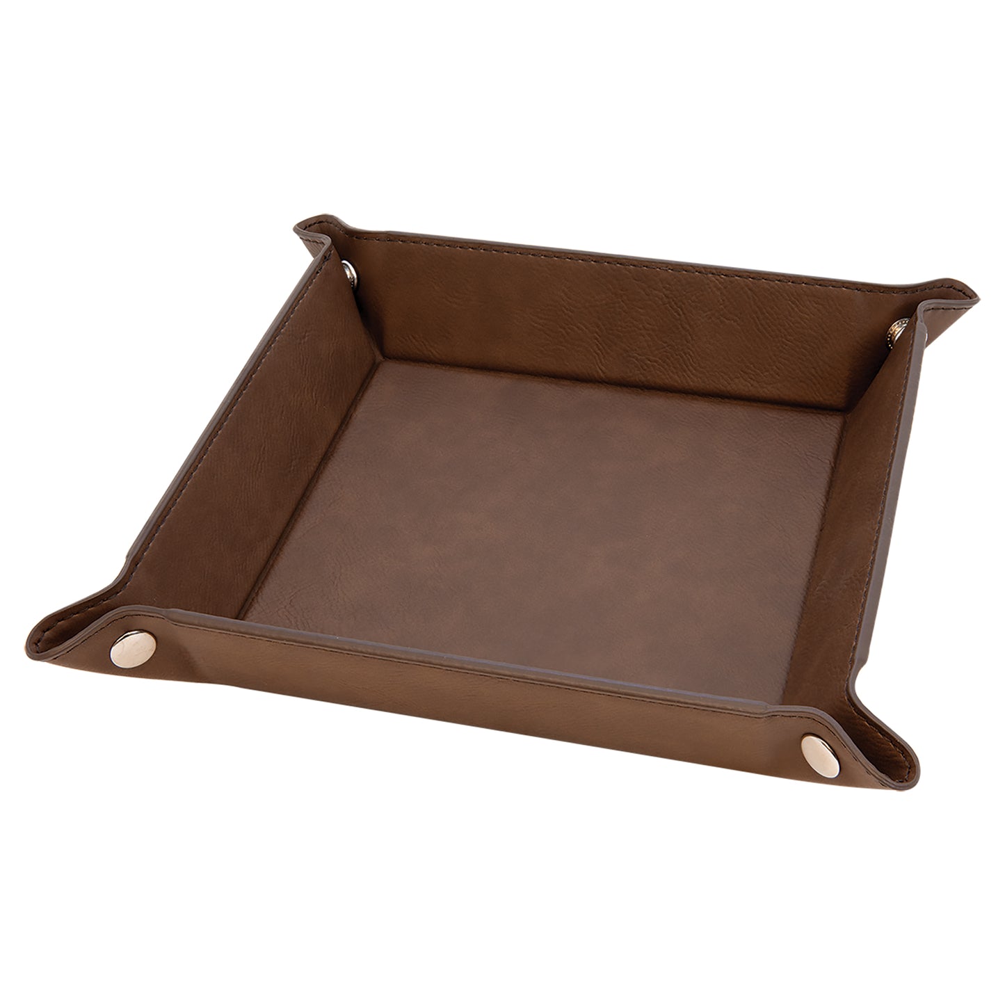 Personalized Laser Engraved 6" x 6" Dark Brown Leatherette Snap Up Tray with Silver Snaps