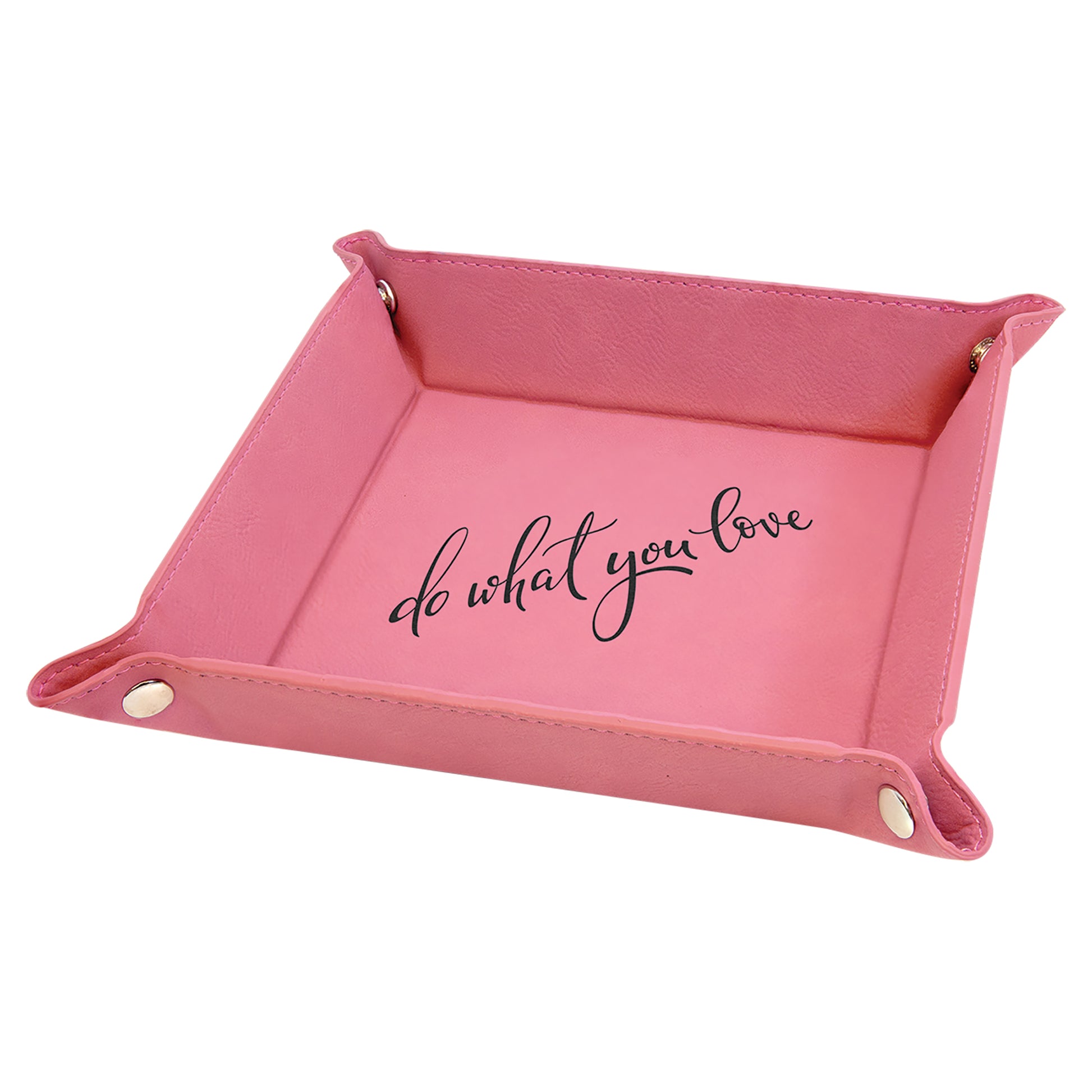  Personalized Laser Engraved 6" x 6" Pink Leatherette Snap Up Tray with Silver Snaps