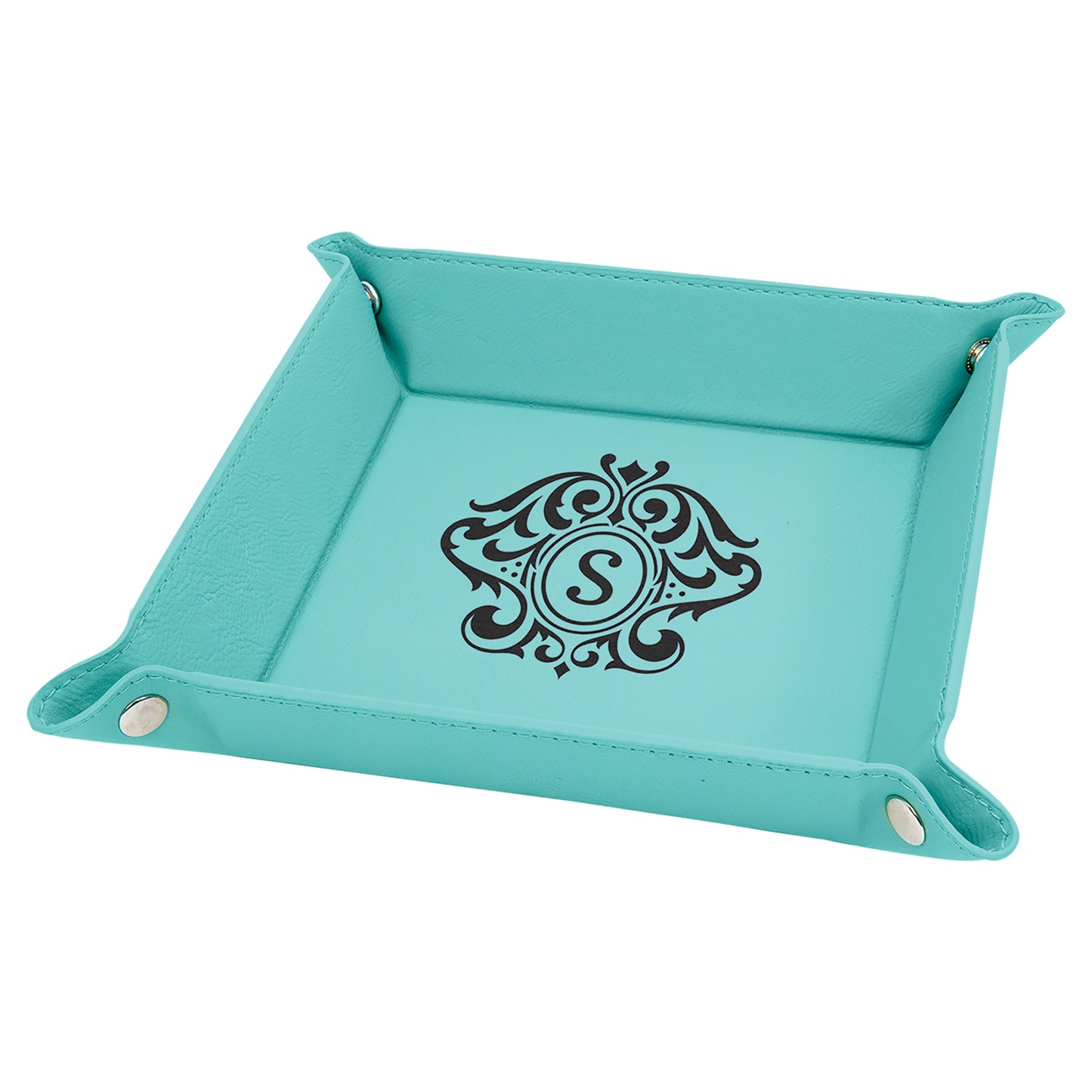  Personalized Laser Engraved 6" x 6" Teal Leatherette Snap Up Tray with Silver Snaps