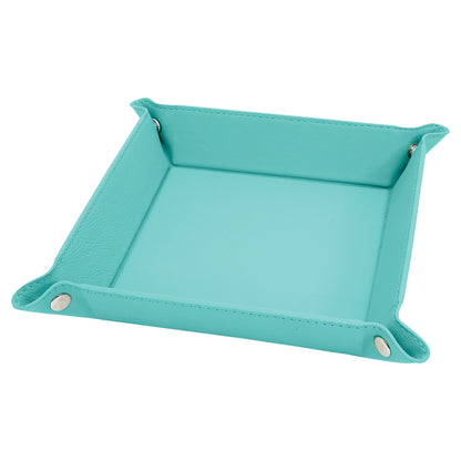 Personalized Laser Engraved 6" x 6" Teal Leatherette Snap Up Tray with Silver Snaps