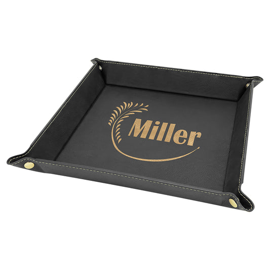 Personalized Laser Engraved 9" x 9" Black/Gold  Leatherette Snap Up Tray with Gold Snaps