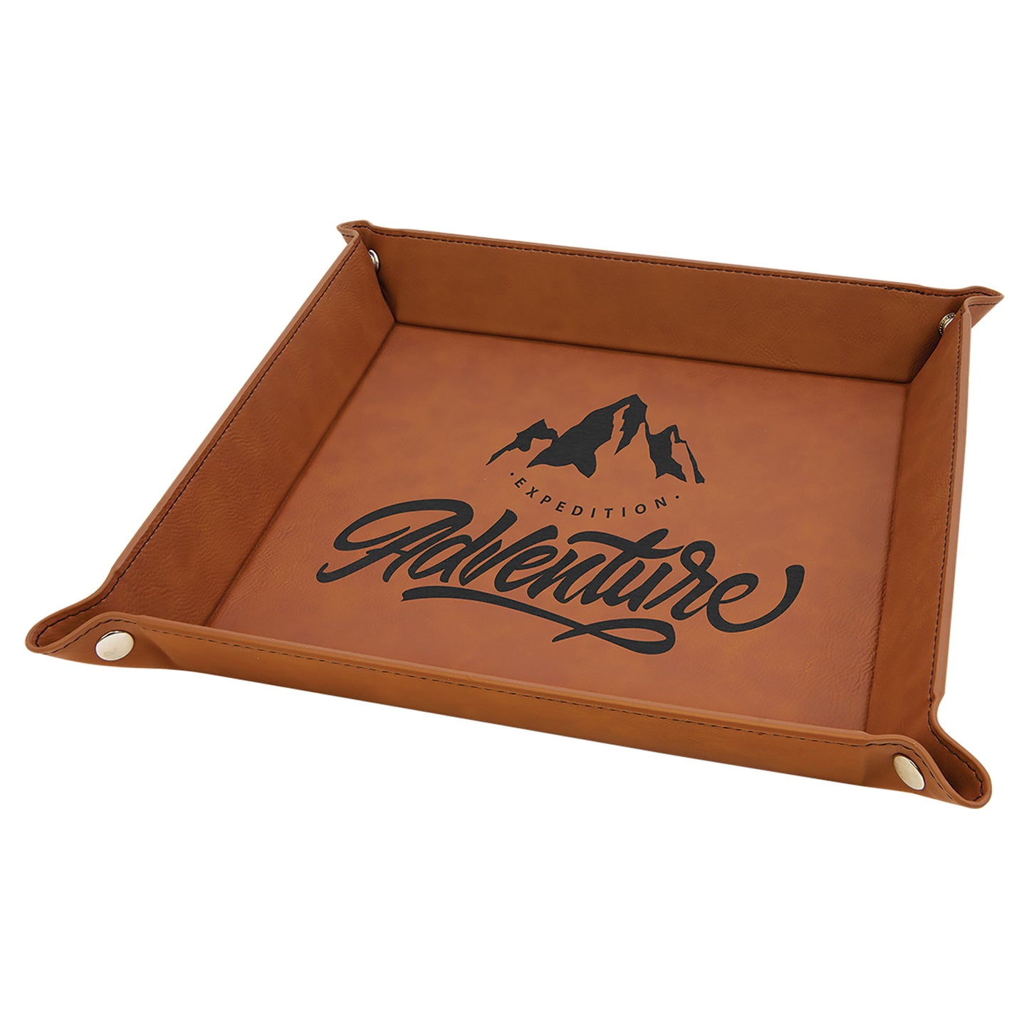 Personalized Laser Engraved 9" x 9" Rawhide  Leatherette Snap Up Tray with Silver Snaps