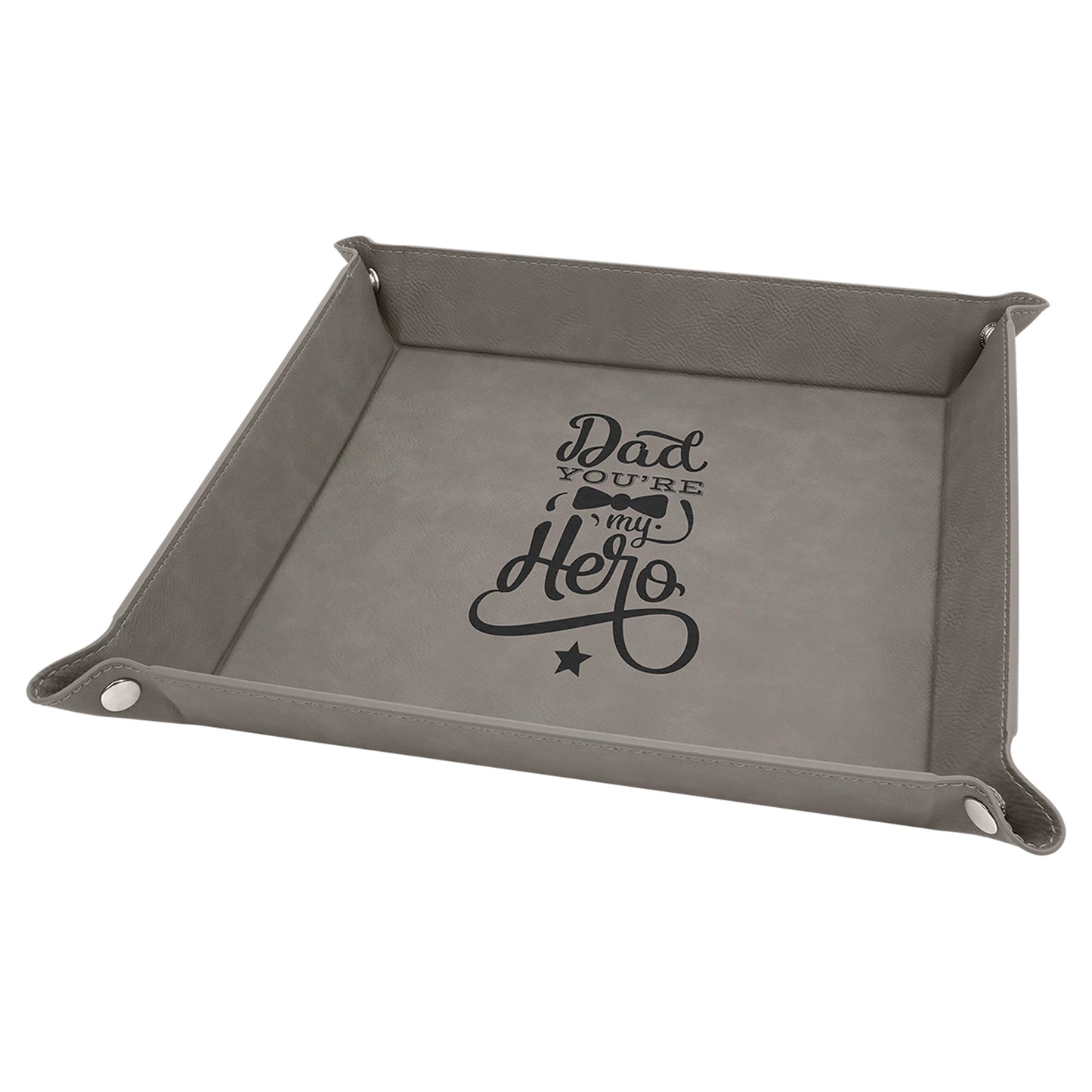 Personalized Laser Engraved 9" x 9" Gray  Leatherette Snap Up Tray with Silver Snaps