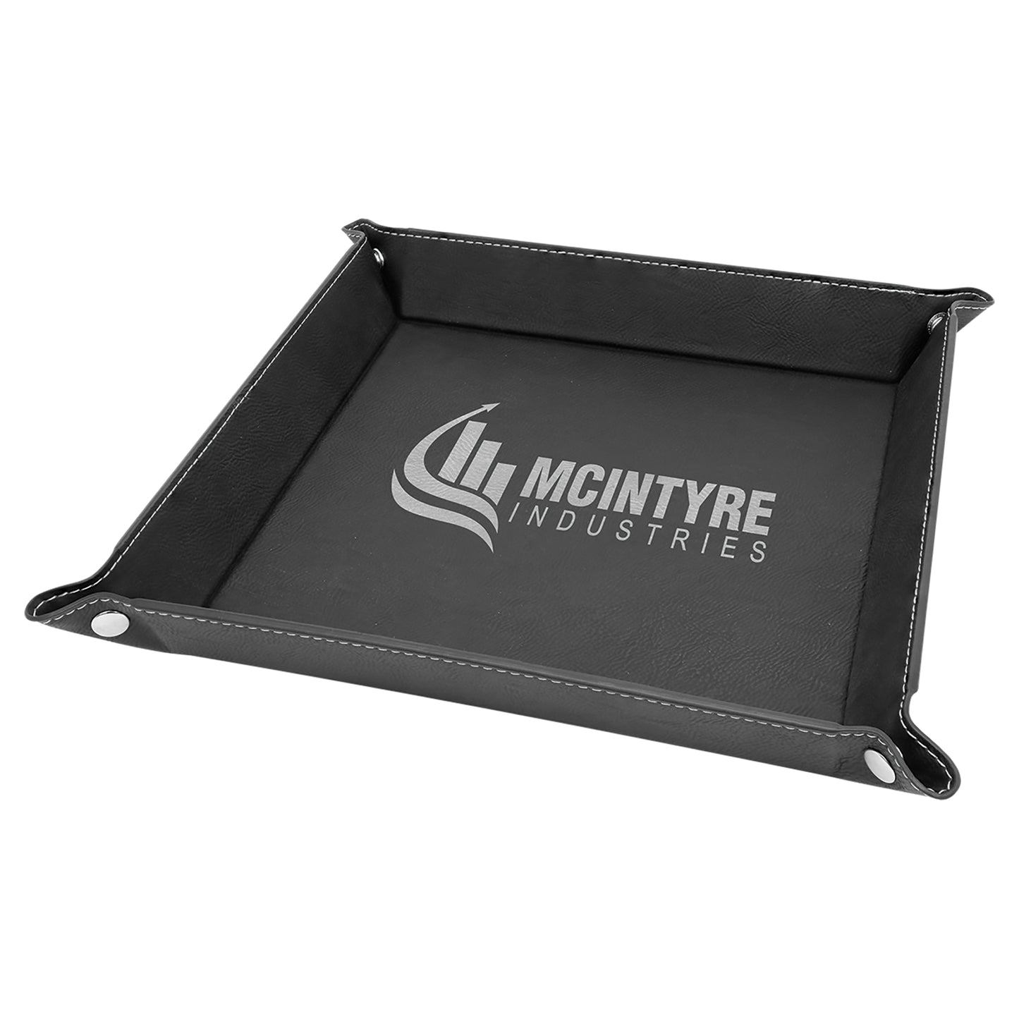 Personalized Laser Engraved 9" x 9" Black/Silver  Leatherette Snap Up Tray with Silver Snaps