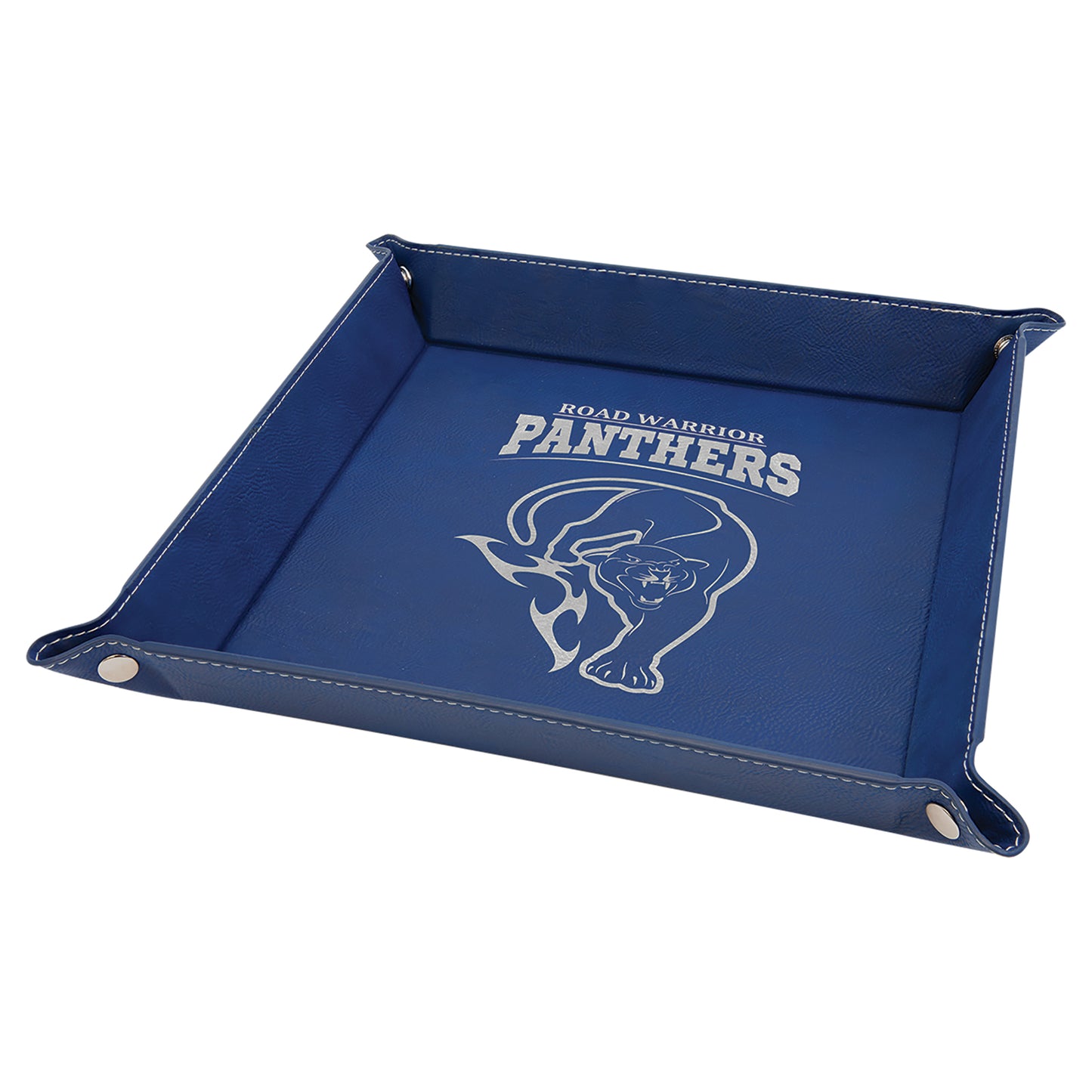 Personalized Laser Engraved 9" x 9" Blue/Silver  Leatherette Snap Up Tray with Silver Snaps