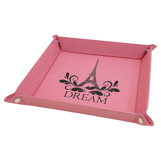 Personalized Laser Engraved 9" x 9" Pink  Leatherette Snap Up Tray with Silver Snaps