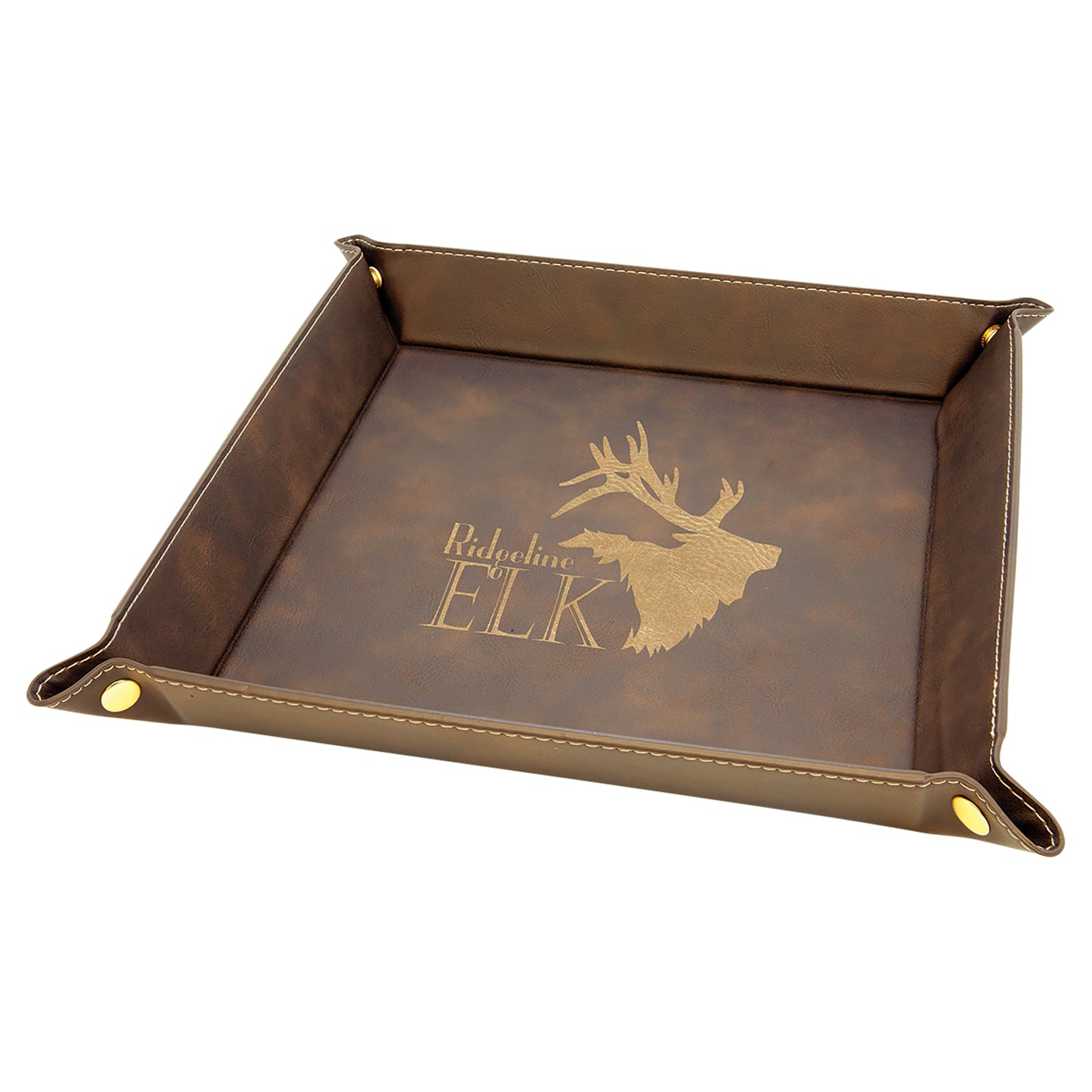 Personalized Laser Engraved 9" x 9" Rustic/Gold  Leatherette Snap Up Tray with Gold Snaps