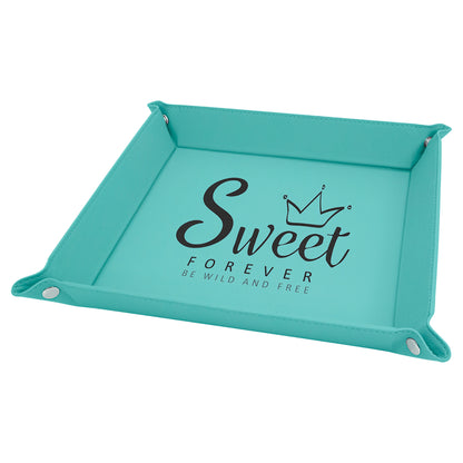 Personalized Laser Engraved 9" x 9" Teal  Leatherette Snap Up Tray with Silver Snaps