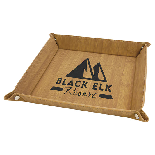 Personalized Laser Engraved 9" x 9" Bamboo  Leatherette Snap Up Tray with Silver Snaps