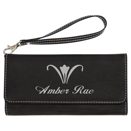  Personalized Laser Engraved 7 1/2" x 4" Black/Silver Leatherette Wallet with Strap