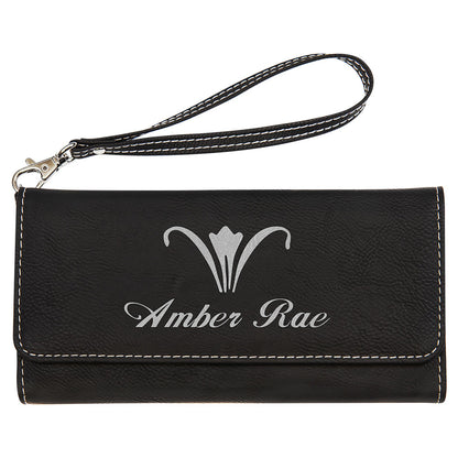 Personalized Laser Engraved 7 1/2" x 4" Black/Silver  Leatherette Wallet with Strap