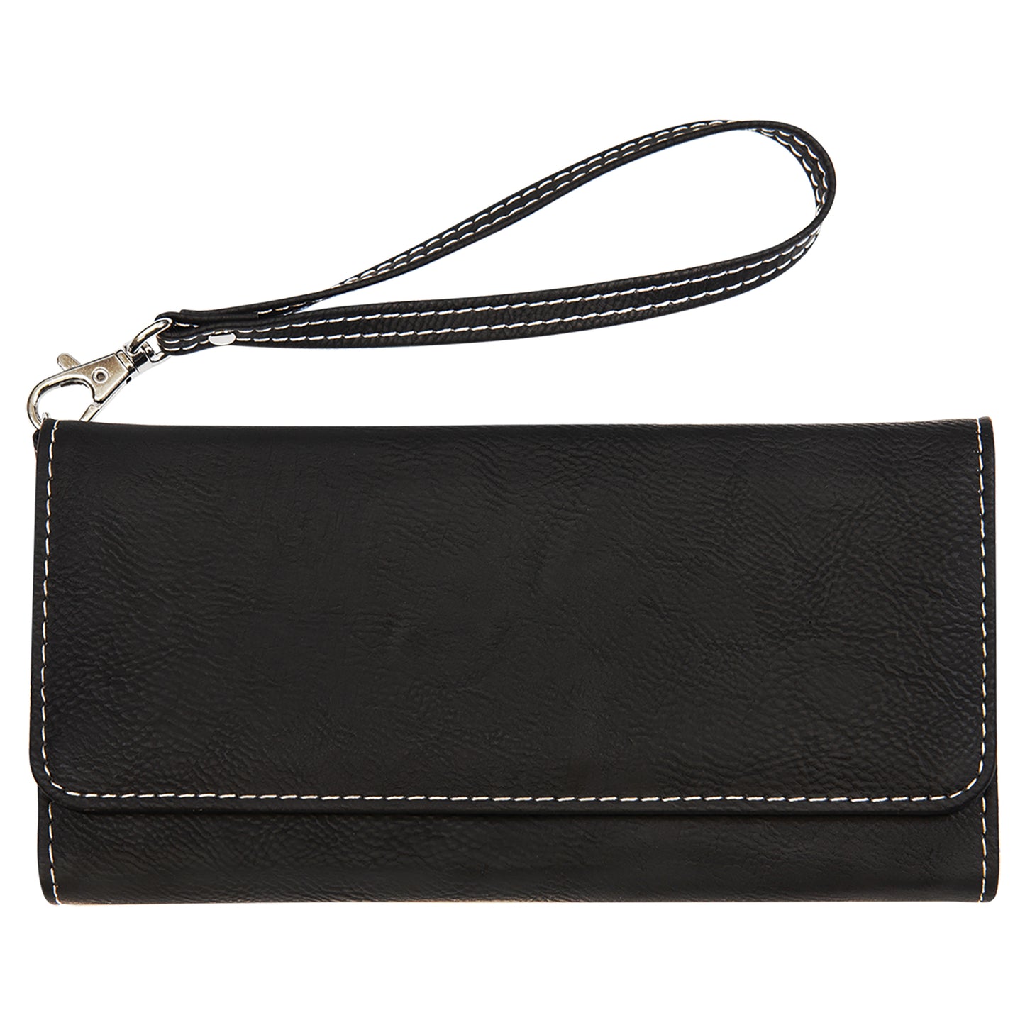 Personalized Laser Engraved 7 1/2" x 4" Black/Silver Leatherette Wallet with Strap