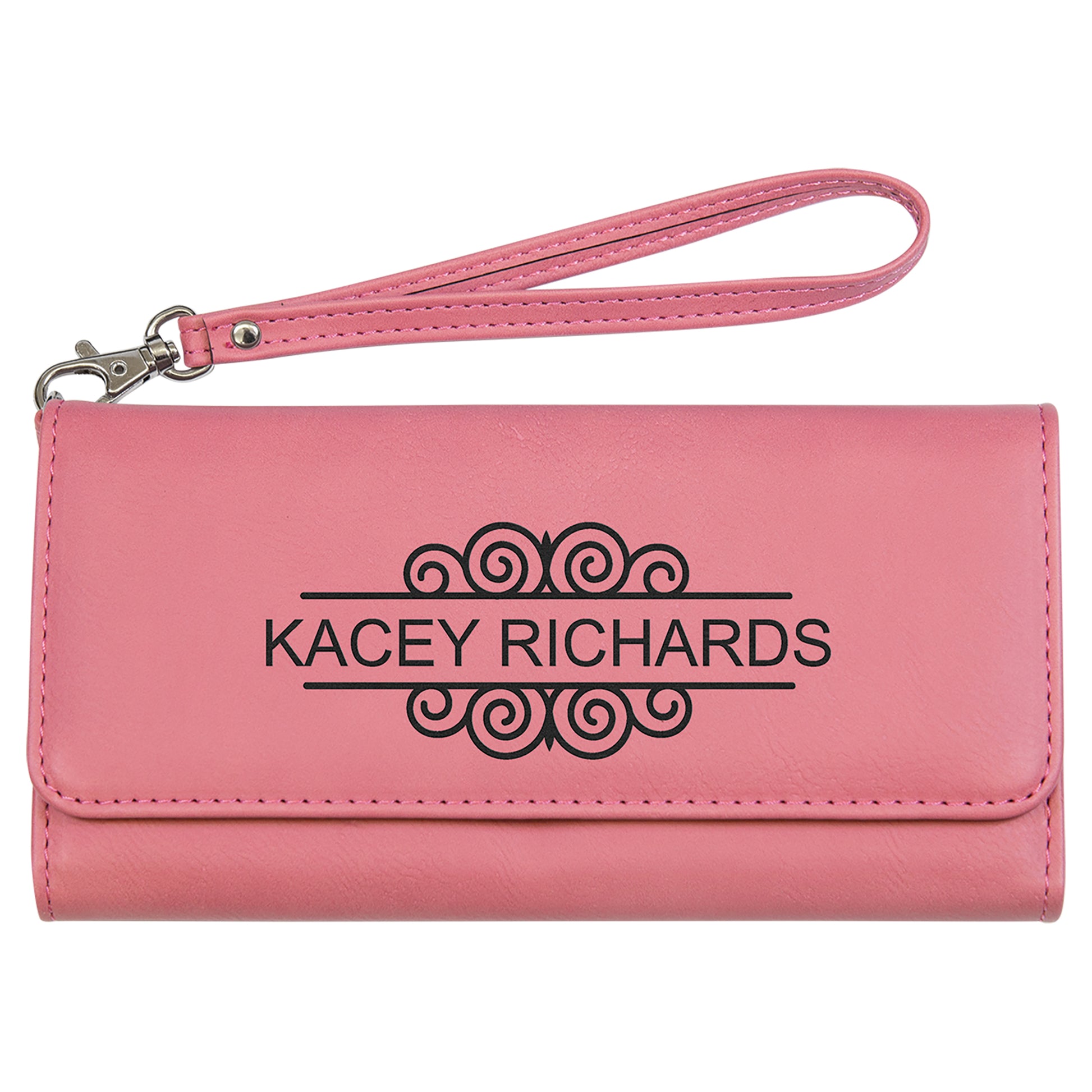  Personalized Laser Engraved 7 1/2" x 4" Pink Leatherette Wallet with Strap