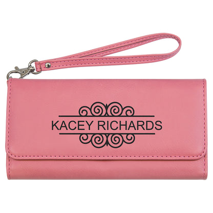  Personalized Laser Engraved 7 1/2" x 4" Pink Leatherette Wallet with Strap