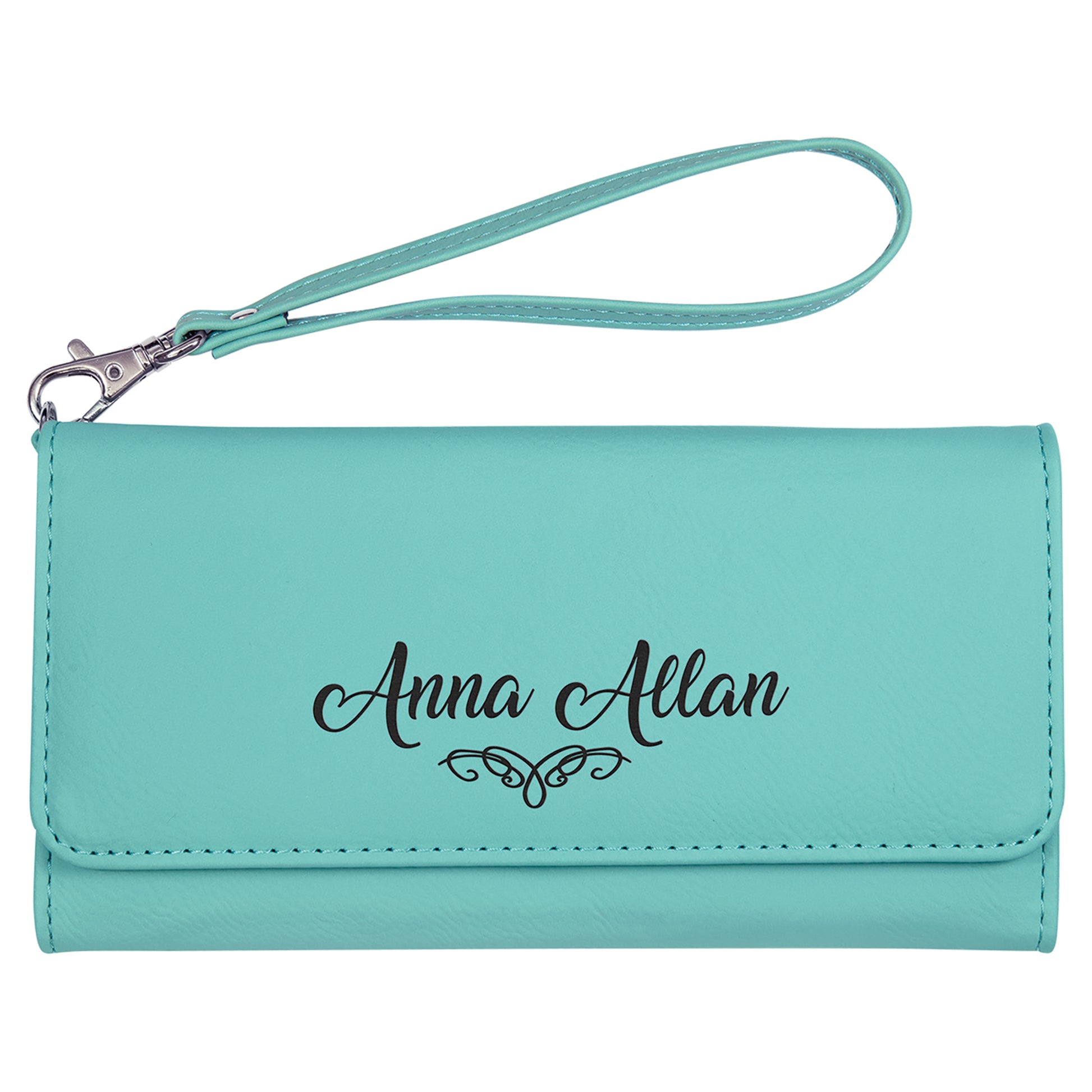  Personalized Laser Engraved 7 1/2" x 4" Teal Leatherette Wallet with Strap