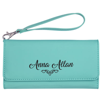  Personalized Laser Engraved 7 1/2" x 4" Teal Leatherette Wallet with Strap