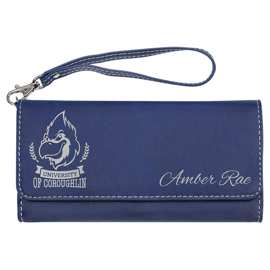  Personalized Laser Engraved 7 1/2" x 4" Blue/Silver Leatherette Wallet with Strap