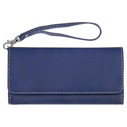 Personalized Laser Engraved 7 1/2" x 4" Blue/Silver Leatherette Wallet with Strap