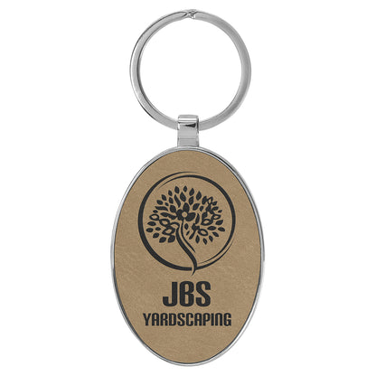  Personalized Laser Engraved 3" x 1 3/4" Leatherette/Metal Light Brown Oval Keychain