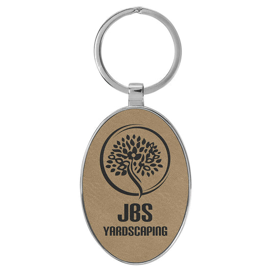 Personalized Laser Engraved 3" x 1 3/4"  Leatherette/Metal Light Brown Oval Keychain