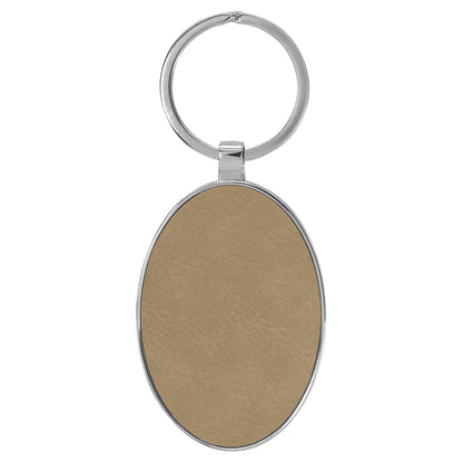 Personalized Laser Engraved 3" x 1 3/4" Leatherette/Metal Light Brown Oval Keychain