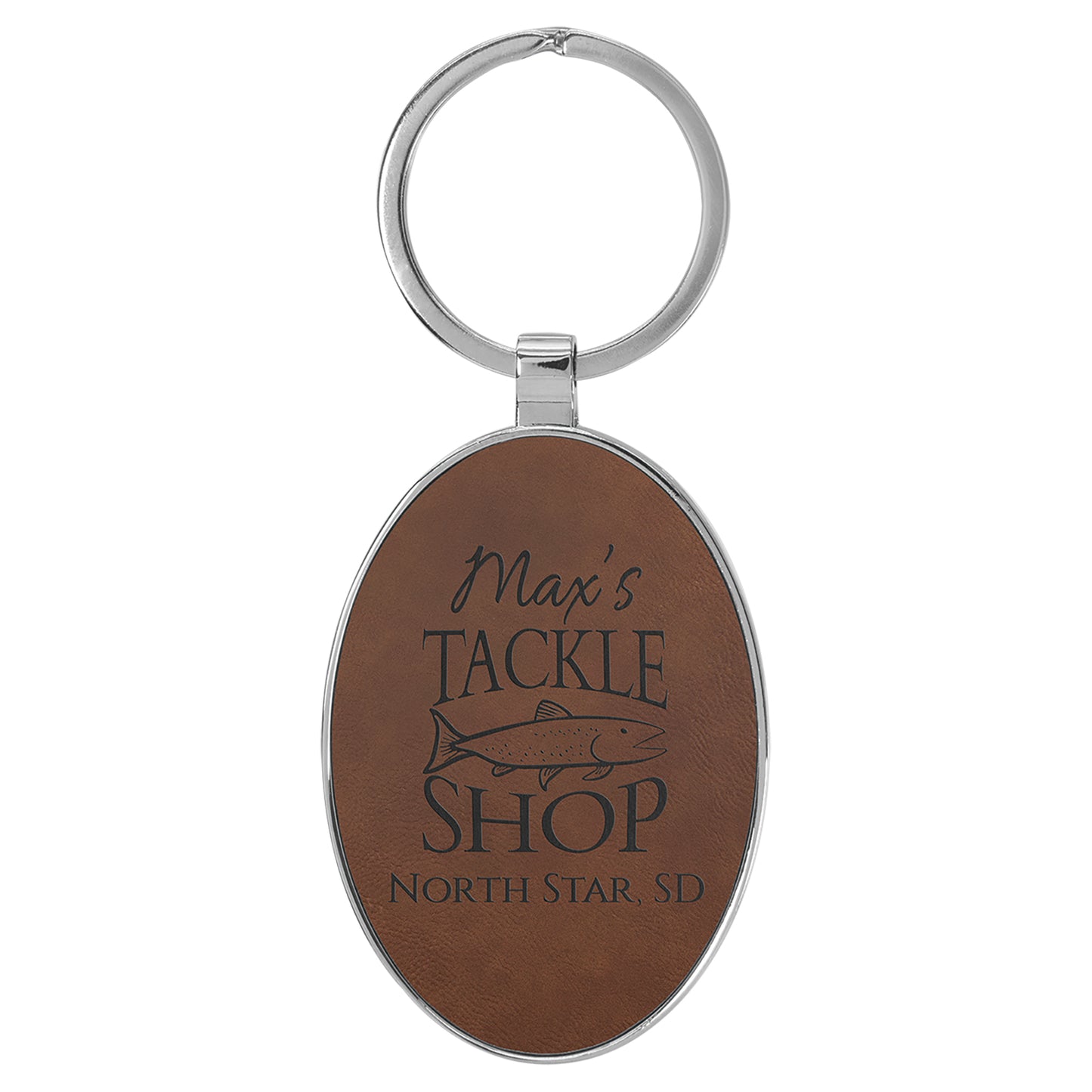  Personalized Laser Engraved 3" x 1 3/4" Leatherette/Metal Dark Brown Oval Keychain