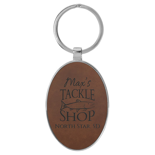  Personalized Laser Engraved 3" x 1 3/4" Leatherette/Metal Dark Brown Oval Keychain