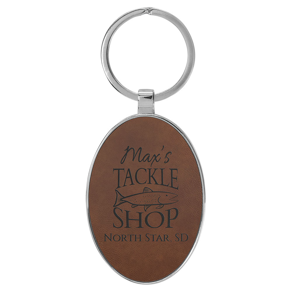 Personalized Laser Engraved 3" x 1 3/4"  Leatherette/Metal Dark Brown Oval Keychain