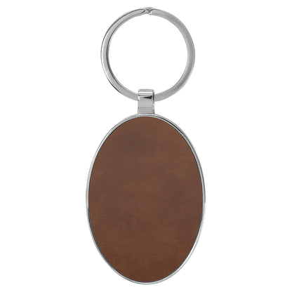 Personalized Laser Engraved 3" x 1 3/4" Leatherette/Metal Dark Brown Oval Keychain