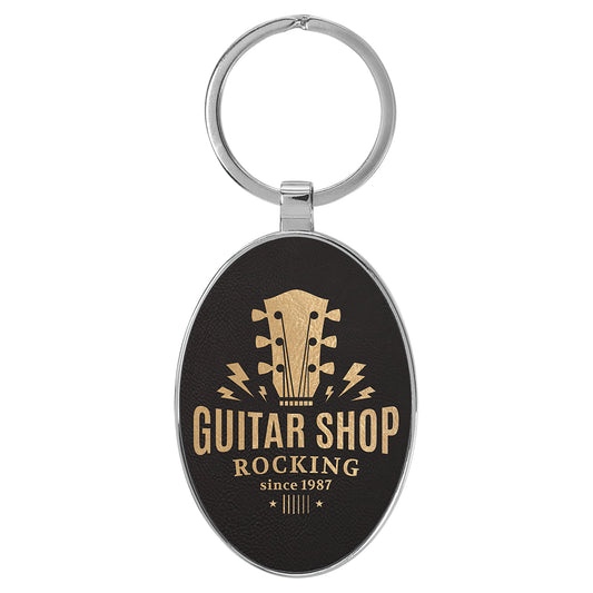  Personalized Laser Engraved 3" x 1 3/4" Leatherette/Metal Black/Gold Oval Keychain