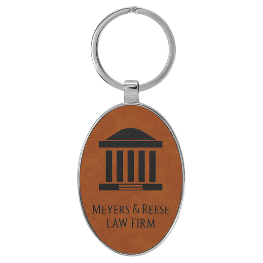  Personalized Laser Engraved 3" x 1 3/4" Leatherette/Metal Rawhide Oval Keychain